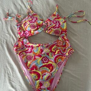 Neon retro floral one piece swimsuit monokini high cut leg pink size large